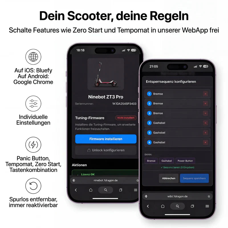 ScooterFlash Ninebot Tuning WebApp – Features wie Zero Start und Tempomat freischalten, Freischaltung am Smartphone, jederzeit reaktivierbar